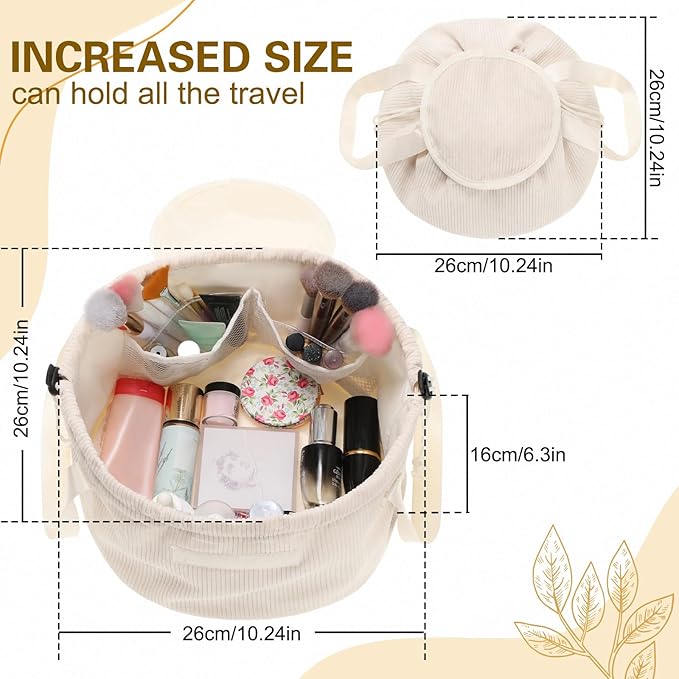 makeup bag lay flat Lay Flat Barrel Drawstring Corduroy Makeup Bag for Women Portable Open-flat Large Capacity Travel Cosmetic Organizer, Skincare & Brush Storage(Creamy White)