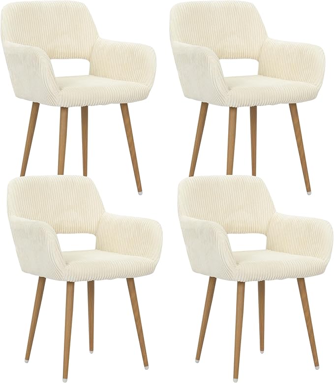 KCC Small Modern Dining Room Arm Chairs Set of 4, Mid-Century Upholstered Corduroy Fabric Side Seat Club Guest with Metal Tube Legs for Kitchen, Living Room, Beige