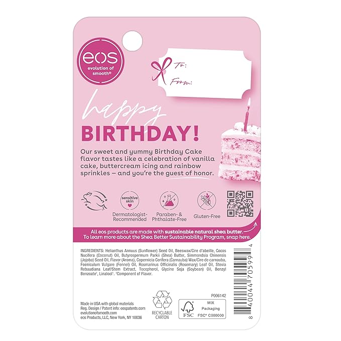 eos Natural Shea Lip Balm- Birthday Cake, eos lip balm, All-Day Moisture, Lip Care, Shea Butter, Moisturizing, Dry Lip Care, 0.14 oz