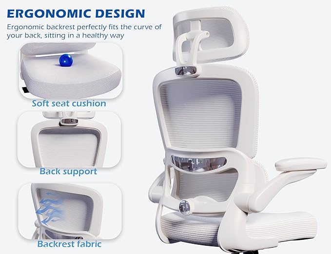 TRALT Ergonomic Office Chair - Desk Chair with Adjustable Headrest Lumbar Support Computer Chair - Mesh Comfy Chair with Flip-up Armrests - Gaming Chairs for Adults Home Office (Leather, White)