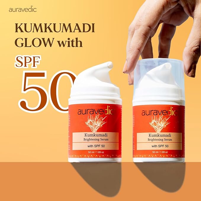 Auravedic Kumkumadi Face Serum Sunscreen SPF 50 | Lightweight Broad Spectrum Daily Face Sunscreen with Saffron | Non-Greasy Moisturizing Sun Protection for Smooth Even-Looking Skin | 1.76 Oz (50g)