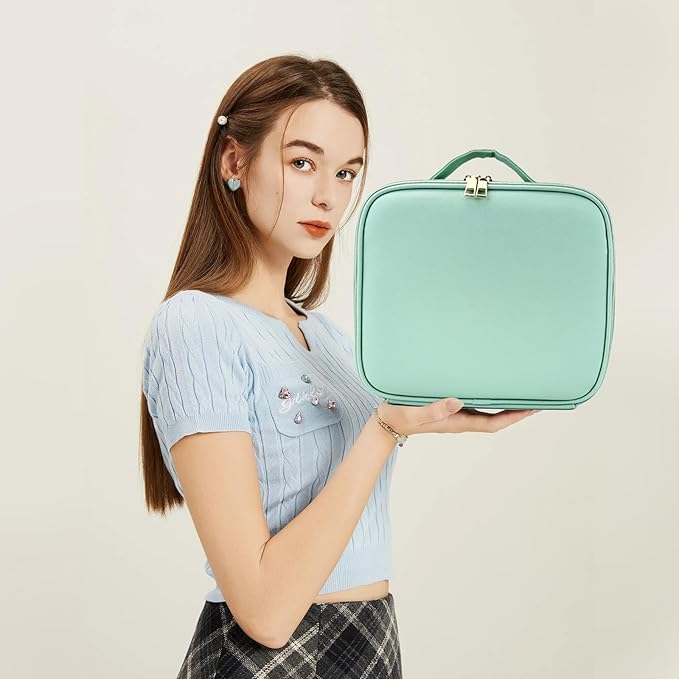 Makeup Bag with Led Mirror,Large Vanity Makeup Cases with 3 Color Setting,Portable Storage and Adjustable Dividers,for Women and Makeup Artists Cosmetic Organizer Travel Makeup Bag-Light Green