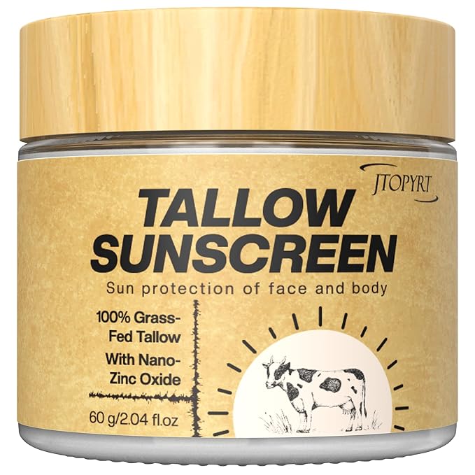 Beef Tallow Sunscreen: Tallow with Zinc Oxide & Beeswax - Natural Moisturizing Protection for Dry Sensitive Skin & All Ages, Non-Greasy Formula 60g