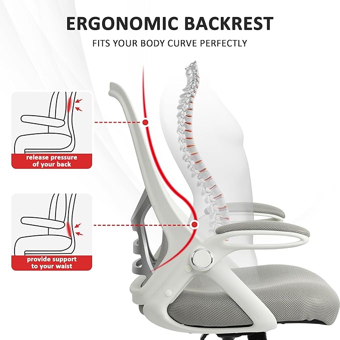 HYLONE Office Chair Ergonomic Chair with Flip up Armrests, Thickened Seat Computer Chair with Breathable Mesh Back Home Office Computer Chairs for Long Hours Mesh Office Chair(Grey)