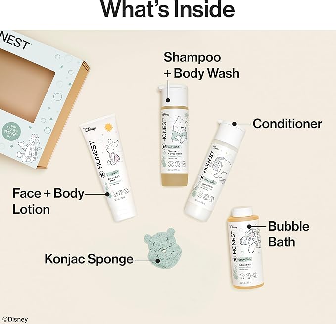 The Honest Company Fragrance-Free Bathtime Gift Set, Disney Design, Hypoallergenic, Bath Essentials for Sensitive Skin, Shampoo and Body Wash, Face Lotion, Bubble Bath, Conditioner, Sponge