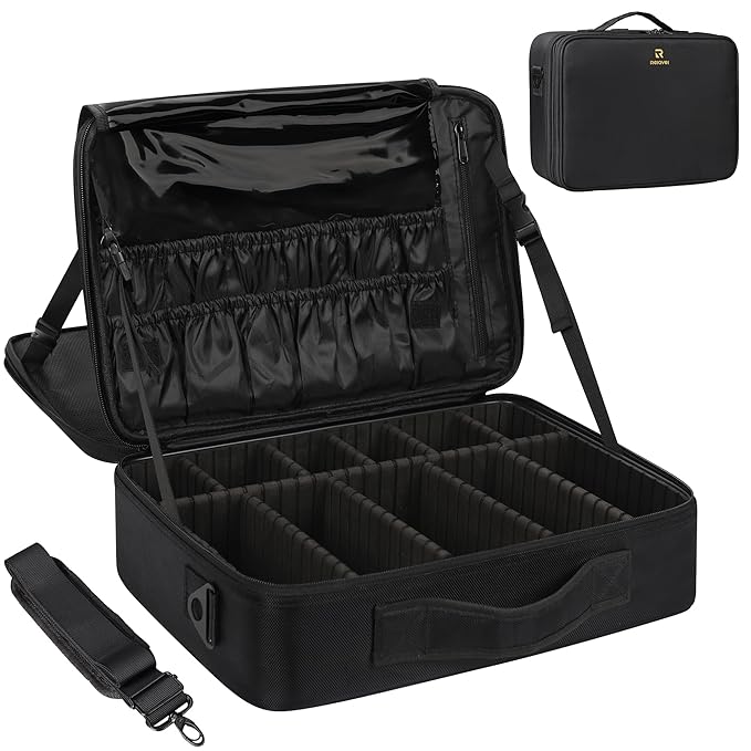 MONSTINA Large Makeup Case, 3 Layers Makeup Bag Cosmetic Organizer Brush Bag Barber Train Case Makeup Artist Box for Hair Curler Hair Straightener Brush Set and Cosmetics