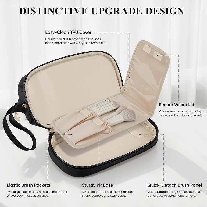 Travel Makeup Bag, Large Capacity Double Layer Cosmetic Bags for Women, Waterproof Portable Make Up Skincare Pouch with Makeup Brush Organizer, Toiletry Bag for Essentials, Black