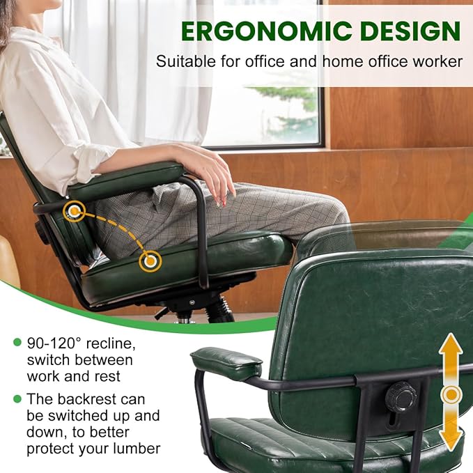 Artswish Mid Century Office Desk Chair - Green Leather Home Office Chair with Wheels and Arms