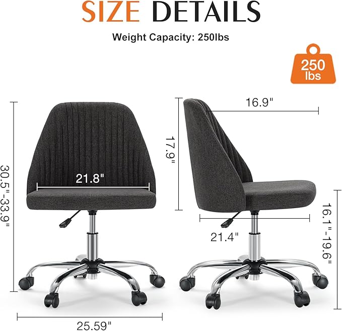 Sweetcrispy Armless Office Chair, Modern Fabric Home Office Desk Chairs with Wheels Adjustable Swivel Task Computer Vanity Seat for Small Spaces