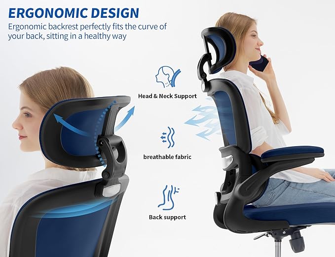 TRALT Ergonomic Office Chair - Desk Chair with Adjustable Headrest Lumbar Support Computer Chair - Mesh Comfy Chair with Flip-up Armrests - Gaming Chairs for Adults Home Office (Leather, Navy Blue)