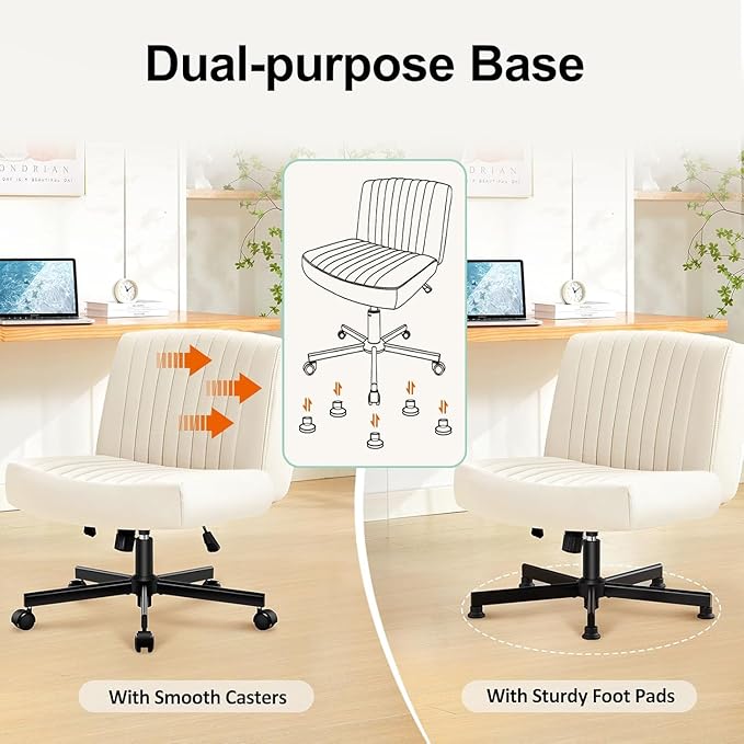Criss Cross Chair with Wheels,Thick Padded Leather Cross Legged Office Desk Chair with Pocket Spring Cushion,Dual-Purpose Base,Wide Adjustable Computer Home Office Vanity Chair,Beige