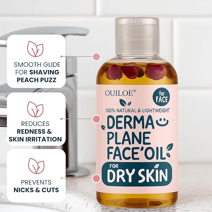 Dermaplane Oil for Women with Dry Skin - Face Shaving Oil - Non Comedogenic, Fragrance Free, Natural & Lightweight - Use with Dermaplane Razor for Women Face, 2oz by Ouiloe