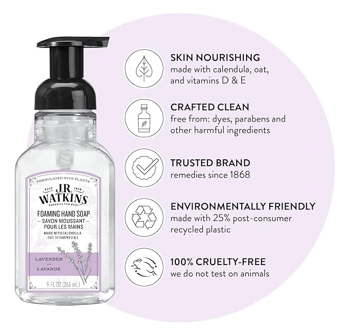 J.R. Watkins Foaming Hand Soap with Pump Dispenser,Moisturizing Foam Hand Wash,All Natural,Alcohol-Free,Cruelty-Free,USA Made,Lavender,9 fl oz,(Pack of 6)