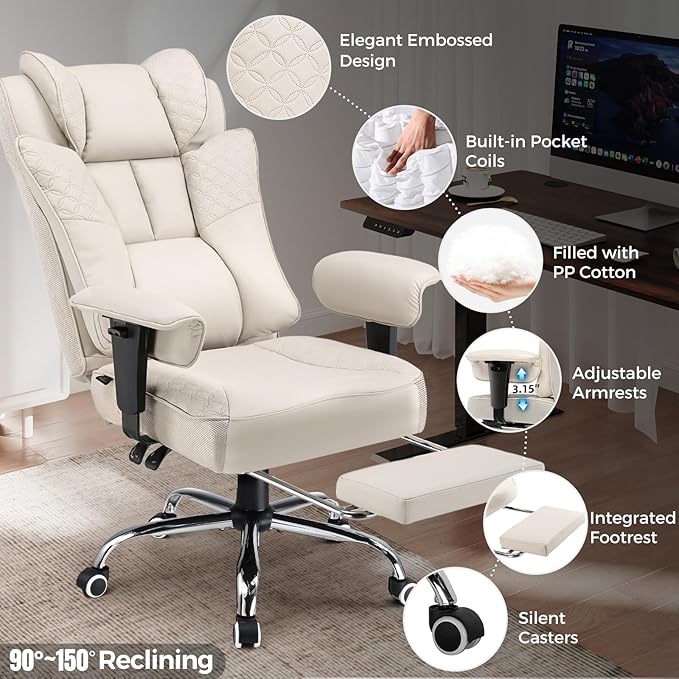 GTPLAYER Big and Tall Office Chair 400LBS Wide Ergonomic Gaming Chair with Deluxe Embossing Designed Leather with Foot Rest,150°Reclining Adjustable Soft Armrests Pocket Spring Back Support and Pillow