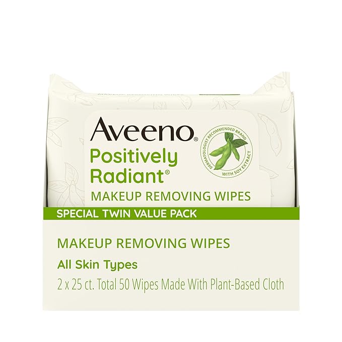 Aveeno Positively Radiant Alcohol Free Makeup Removing Face Wipes, Ultra Soft, Gentle, Non-Comedogenic Facial Cleansing Towelettes Leave Skin Clean & Soft, Sulfate Free, Twin Pack, 2x25 ct