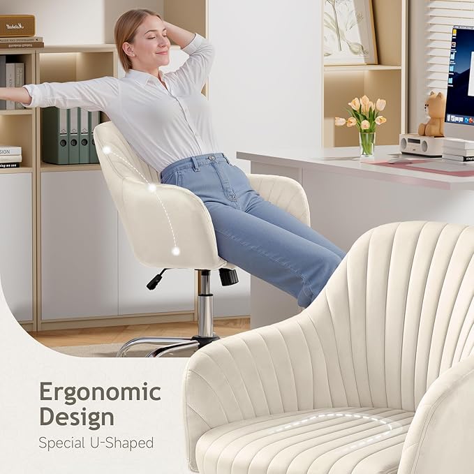 Warmiehomy Velvet Desk Chair for Home Office, Modern Adjustable Swivel Task Chair, Women Vanity Chairs with Arm Rest for Bedroom Dressing Room, Beige