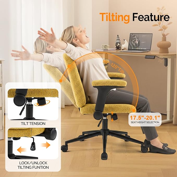 VINGLI Criss Cross Chair with Adjustable Flip-Up Arms,Cross Legged Chair with Wheels,Extra Wide Office Chair,Desk Chair for Home Office,Vanity,Bedroom, Apartment,Starry Chenille,Pale Yellow