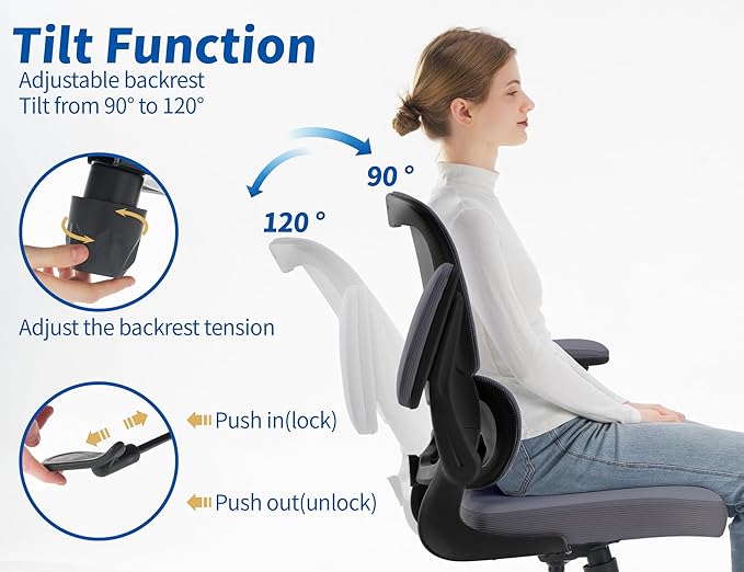 TRALT Ergonomic Office Chair - Desk Chair with Adjustable Lumbar Support Computer Chair - Mesh Comfy Chair with Flip-up Armrests - Gaming Chairs for Adults Home Office (PU Leather, Dark Grey)