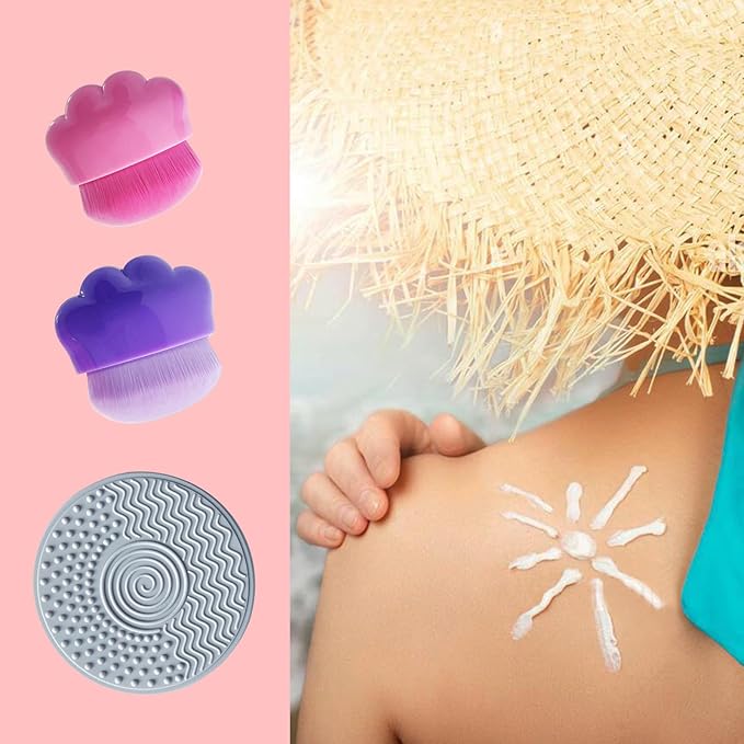2Pcs Sunscreen Applicator for Kids, Sunblock Brush with Protective Case Sun Lotion Applicator SunCream Brush with Cleaning Pad for Suncream Liquid Foundation, 1.8*1.7 Inch, Purple, Rose Red