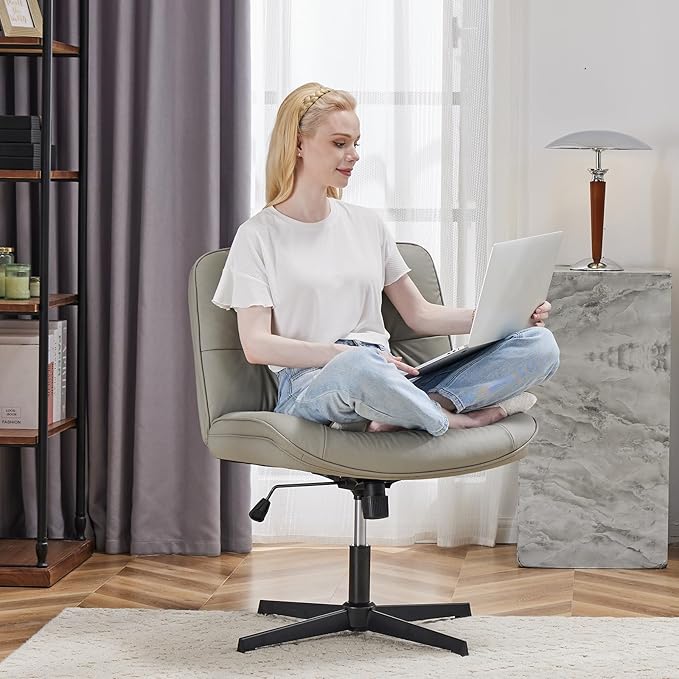 Sweetcrispy Criss Cross Chair, Wide Seat PU Leather Armless Office Desk Vanity Chair, Comfortable Adjustable Swivel Computer Task Chairs for Bedroom, Small Space Make Up, Grey