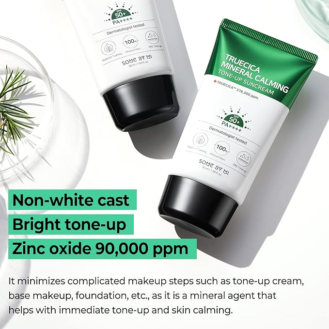 SOME BY MI Truecica Mineral Calming Tone-Up Suncream / SPF50+, PA++++ / 1.69Oz, 50ml / Brightening and Calming Effect/Mild Sun and UV Protection Sunscreen for Sensitive Skin