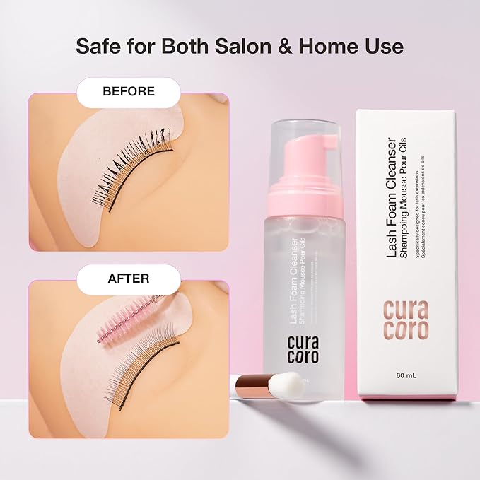 CURACORO 60ML Eyelash Extension Cleanser (Unscented) - Lash Shampoo for Lash Extensions, Eyelash Extension Foam Cleanser for Sensitive Skin, Removes Waterproof Makeup for Professional & Home Use