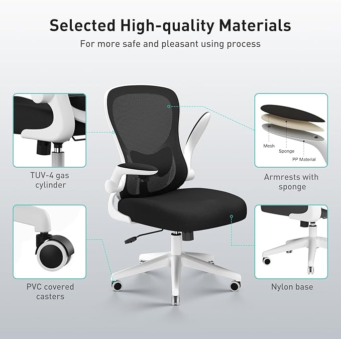 Hbada Office Chair Ergonomic Desk Chair, Office Desk Chairs with PU Silent Wheels, Breathable Mesh Computer Chair with Adjustable Lumbar Support, Flip-up Armrests, Tilt Function, White