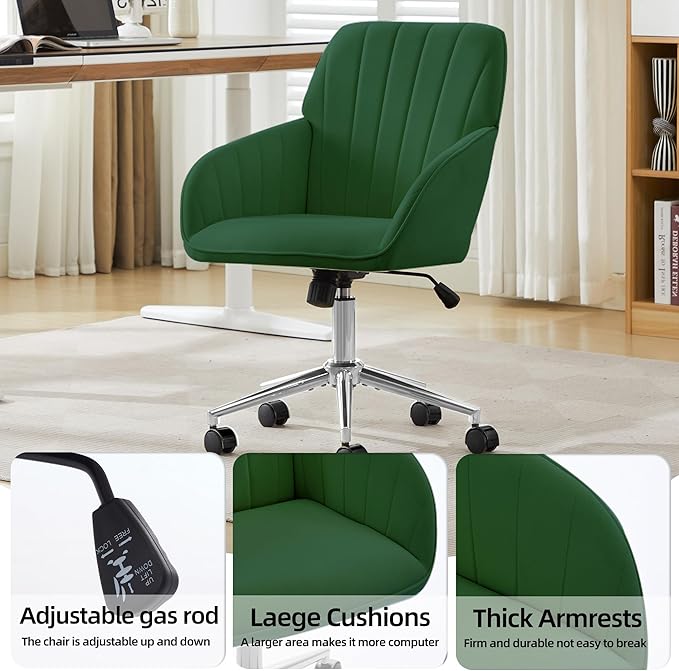 Velvet Home Office Desk Chair, Modern Cute Computer Task Chair with Back, Height Adjustable Upholstered Vanity Chair with Swivel Wheels for Women, Girls (Silver Base, Green
