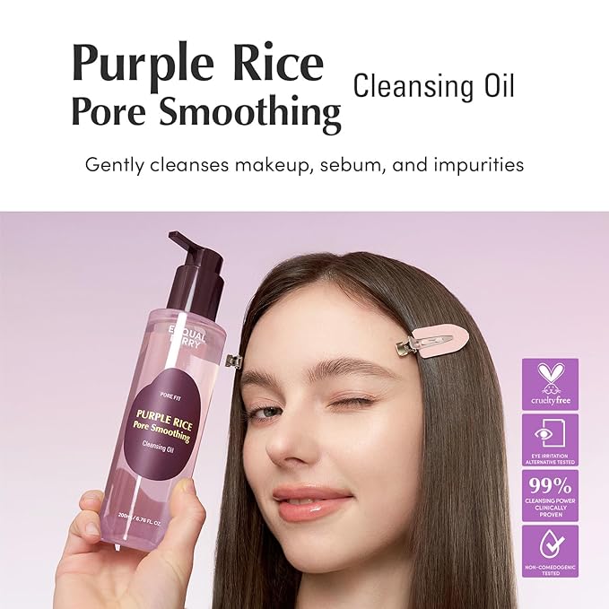 EQQUALBERRY Purple Rice 3-Step Pore Care & Glass Skin Trio – Cleansing Oil, Pack Cleanser & Pore Minimizing Serum | Complete Korean Skincare for Double Cleansing, Pore Refining & Skin Prep