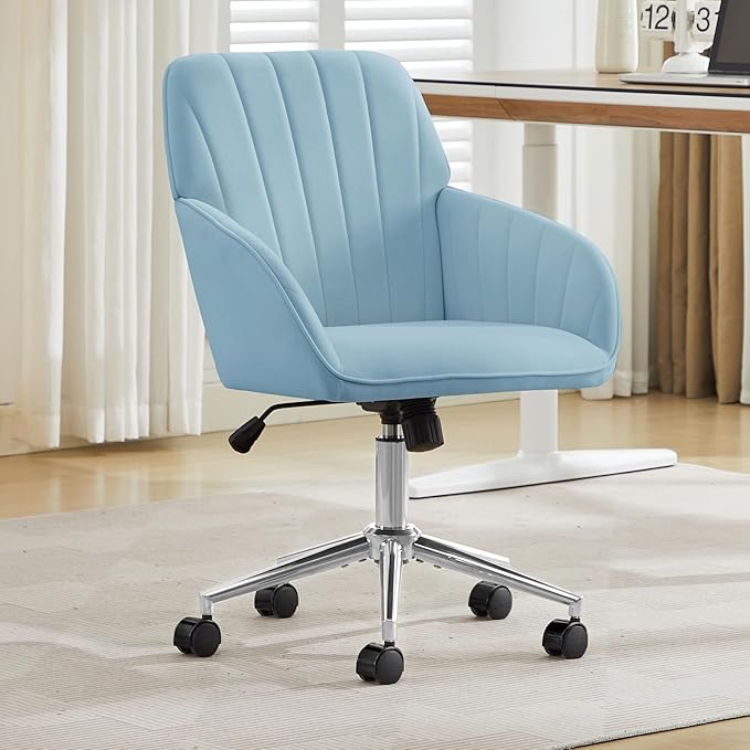 YITAI Velvet Office Desk Armchairs with Silver Base and Wheels,Modern Height Adjustable 360 Degree Swivel Upholstered Vanity Chairs for Living/Room Bedroom/Study,Light Blue