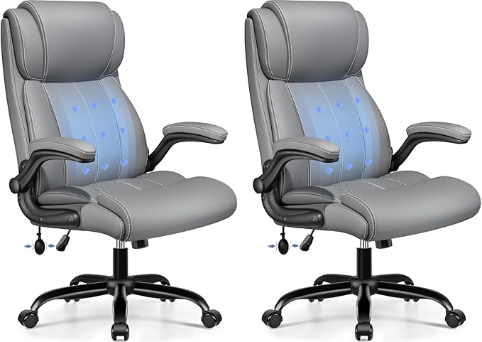 Ergonomic Office Chair - Desk Computer Chair, Leather High Back Executive Chairs with Adjustable Lumbar Support & Flip Up Arms, Gray 2 Pack