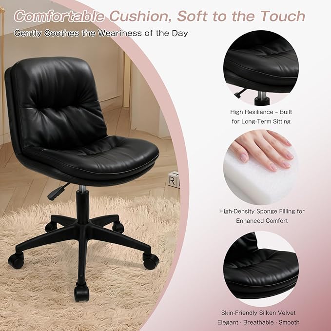 Office Chair, Ergonomic Desk Chair with Padded Cushion & Backrest, Adjustable Height & 360° Swivel, Armless Task Chair for Home Office, Computer Desk & Vanity Black