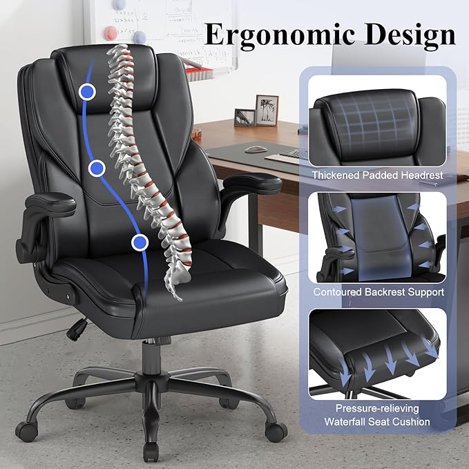 AnyGod Executive Office Chair, Comfy Ergonomic Computer Desk Chairs with Flip-up Armrests, Lumbar Support, High Back, 360° Swivel and Rocking Function for Home Office,PU Black