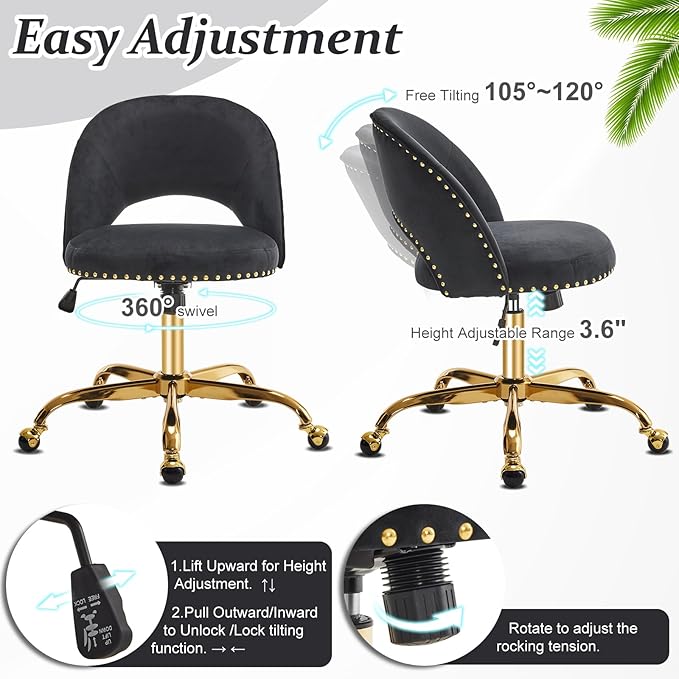 VINGLI Modern Velvet Small Office Chair,Cute Desk Chair with Wheels,Gold Base/Studs, Comfy Armless Swivel Vanity Task Chair for Women/Girl/Kids, Nail Tech Chair for Bedroom,Small Space,Black