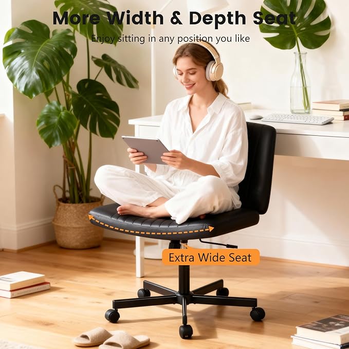 FDW Criss Cross Chair with Wheels Cross Legged Office Desk Modern Swivel Height Adjustable Wide Seat Computer Task Vanity Chair Comfy Fabric Armless Seating for Home Office