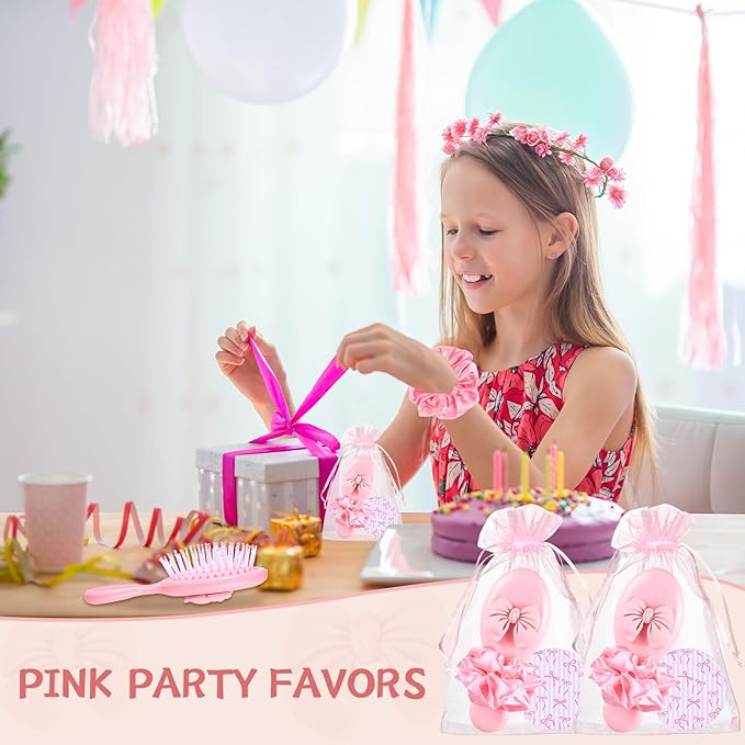 20Sets-80Pcs Coquette Party Favor Pink Party Favors Hair Brushes Foldable Mini Combs Pocket Cosmetic Mirrors Hair Scrunchies Accessories for Women Birthday Bridal Back to School Supplies