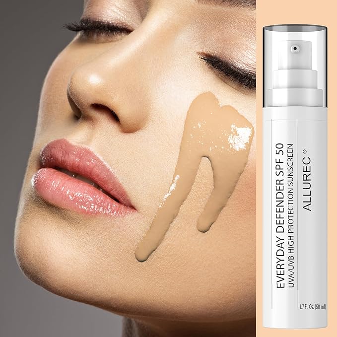 ALLUREC Tinted Mineral Sunscreen for Face SPF 50 PA++++ Broad-Spectrum UVA/UVB High Protection Facial Lotion Moisturizer with Titanium Dioxide & Zinc Oxide. Blur Pores Wrinkles Spots Instantly.