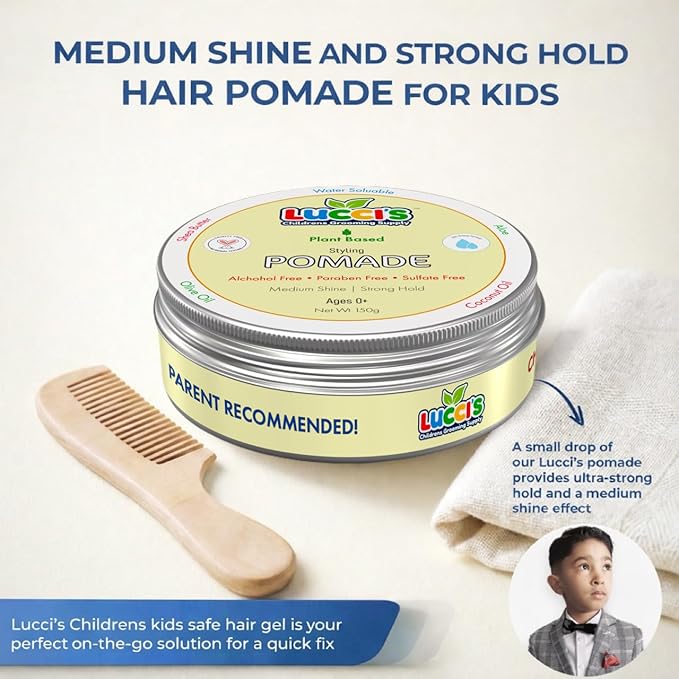 LUCCI’S CHILDRENS GROOMING SUPPLY Baby Hair Gel – 5oz Plant-Based Styling Hair Pomade for Infants – No Parabens or Sulphates – Medium Shine and Strong Hold Hair Paste for Kids