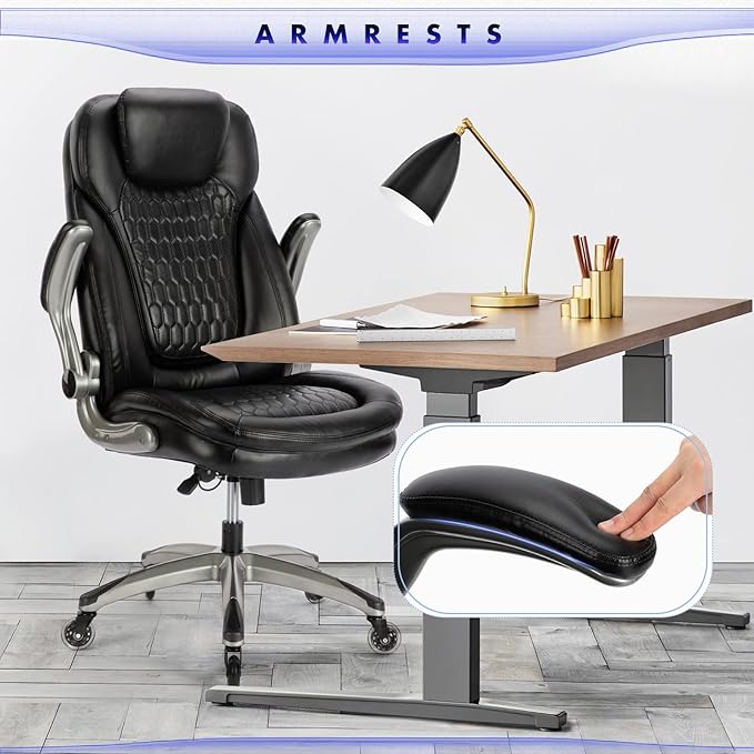 COLAMY High Back Executive Office Chair (Set of 2), Ergonomic PU Leather Desk Chairs with Flip-Up Arms and Upgraded Swivel Casters, Comfortable Computer Chairs for Home Office – Black