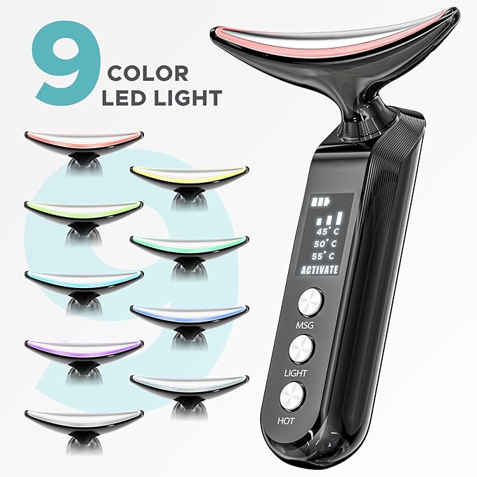 2025 Upgraded Red Light Therapy for Face Portable Charging Dock, Facial Neck Massager 3 Heat Settings, Vibrating Face Massage, 9-Color LED Light & 30-Day Battery | Home Spa Travel Skincare - Black