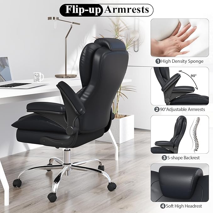 Office Desk Chair, Executive Leather Office Chair, High Back Ergonomic Home Desk Chair with Padded Flip-up Arms, Big and Tall Computer Chair with Rocking Function, 360°Swivel Free, Black