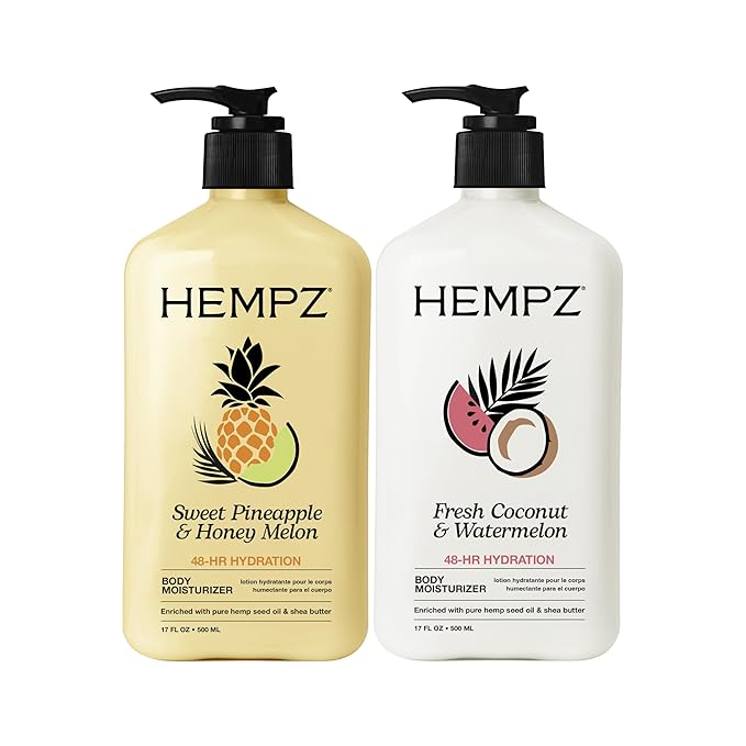 Hempz Body Lotion - Sweet Pineapple & Honey Melon + Coconut & Watermelon Daily Moisturizing Cream, Shea Butter, Aloe - Skin Care Products, Hemp Seed Oil - 17 fl oz, 2-Pack Bundle