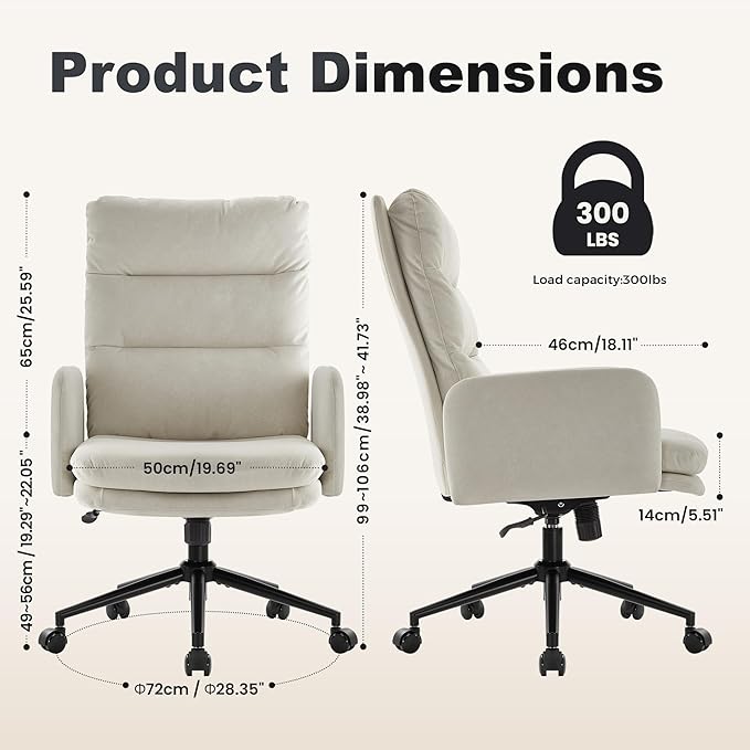 IWMH Swivel Home Office Chair,High-Back Armchair,Makeup Chair with Wheels and Armrests,Height Adjustable Desk Chair Upholstered Computer Task Chair, Leisure Armchair (Beige)
