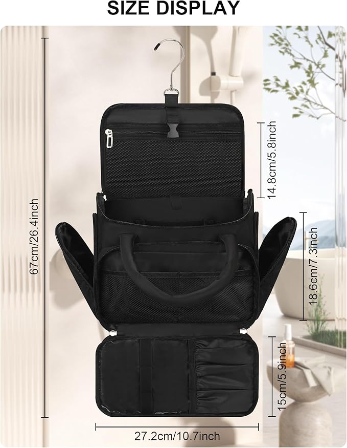 Hanging Toiletry Bag for Women - Travel Makeup Organizer with Brush Compartment, Portable Toiletry Bag with Removable Dividers for Full-size Container, Lightweight Cosmetic Case for Trip - Black