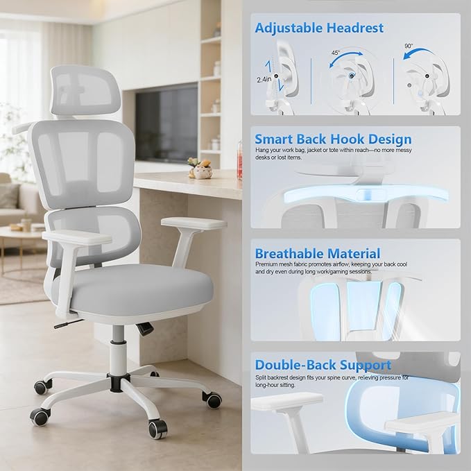 Office Chair Ergonomic Desk Chair with Lumbar Support and Headrest, Thick Cushion Mesh Computer Chair with Armrest and Tilt Lock, High Back Home Office Desk Chairs for Men Women