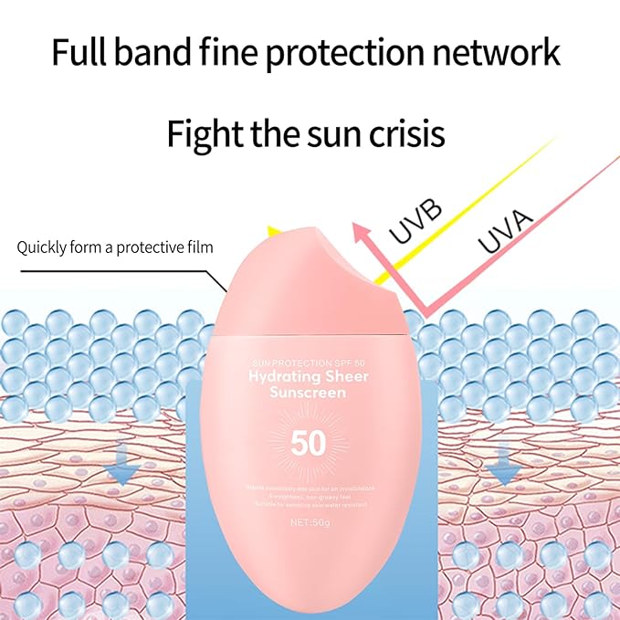 Sunscreen SPF 50+ 50g, Hydrating Sheer Face Sunscreen, Waterproof & Lightweight Water Gel, Non-Greasy, No White Cast, for Sensitive Skin Daily Use