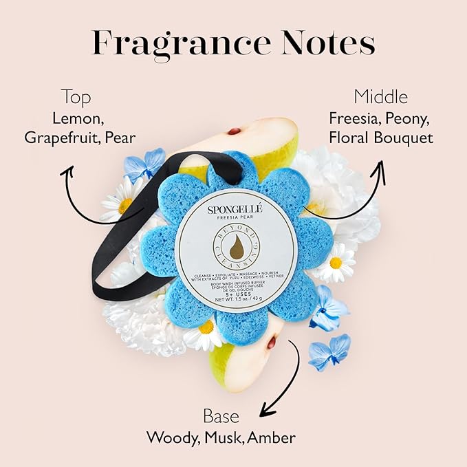 Spongellé Freesia Pear Wild Flower Bath Sponge | Built-in Body Wash & Body Scrubber, Shower Loofah Sponge for Women | 14+ uses