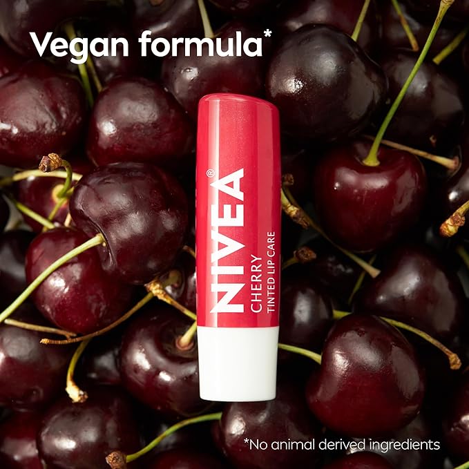 NIVEA Cherry Lip Care,Ruby Tinted Lip Balm Pack with Shea Butter,Nourishing Oils and Vitamin C & E,3-in-1 Moisture,Repair and Color,0.17 Oz Stick,(Pack of 8)