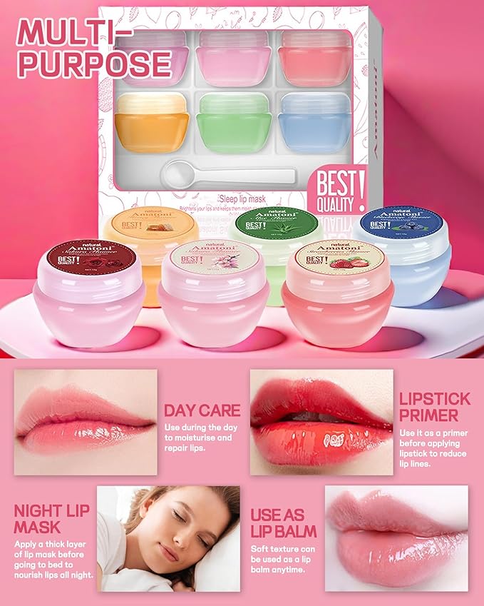 Lip Sleeping Mask Set-6 Pcs Lip Balm Hydrating Lip Mask Overnight Lip Treatment Care For Dry Cracked Lips,Day &Night Moisturize &Nourish Korean Lip Gloss For Women Improve Lip Color With Shea Butter