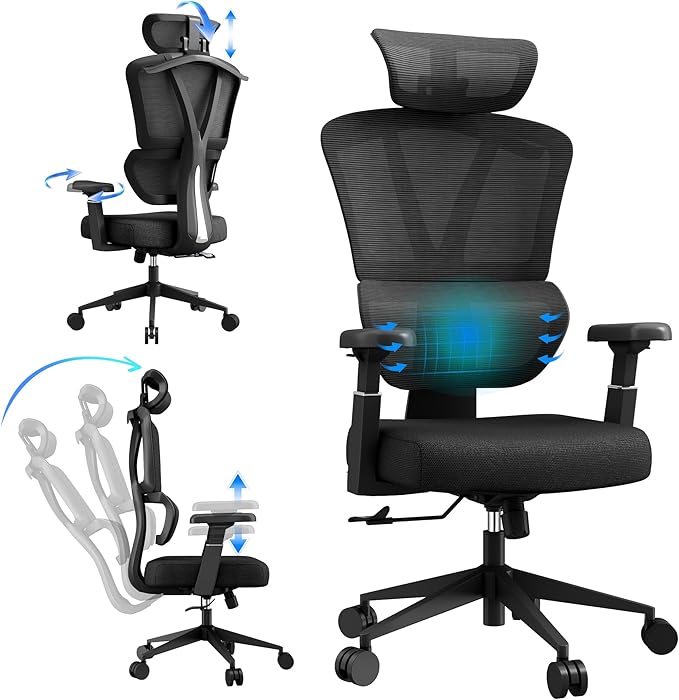 Ergonomic Office Chair Mesh High Back Computer Desk Chair with Lumbar Support, Adjustable Headrest, 3D Armrests, Tilt Lock for Home Office & Gaming